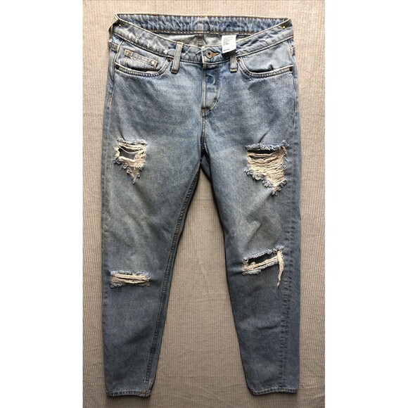 H&M Denim Boyfriend Jeans 25/32 Low Waist Tapered Leg Stained Factory Destroyed - Picture 1 of 15